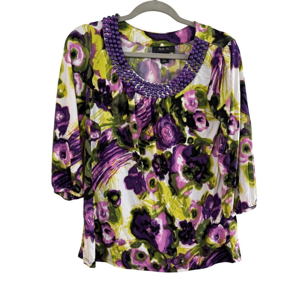 Style & Co Floral Print Beaded Neckline Blouse S Womens Polyester/Spandex Purple - Picture 1 of 4